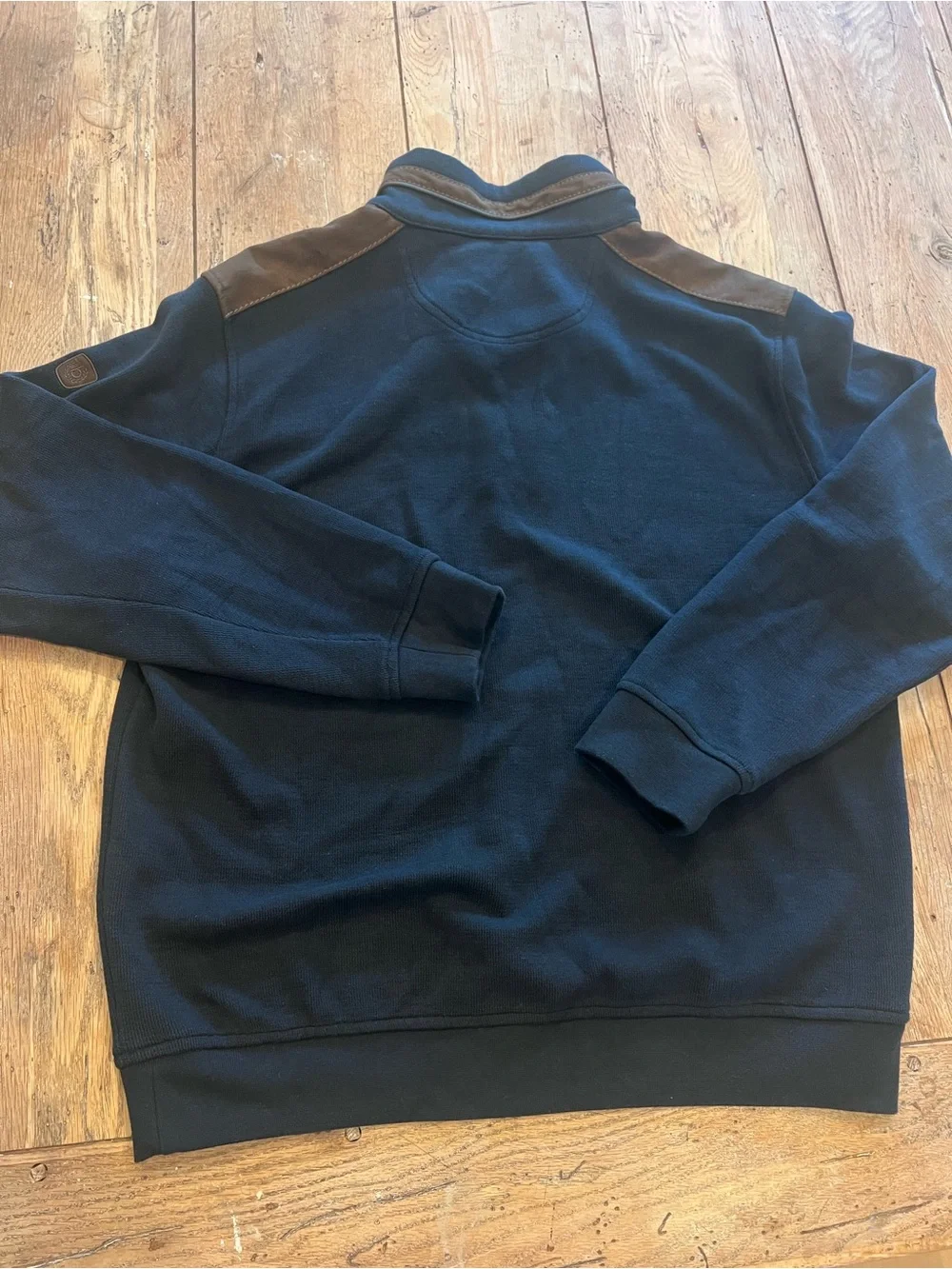 Bugatti Men’s Blue 1/4 Zip Mock Neck Knit Sweatshirt Logo Size XL Suede Accents